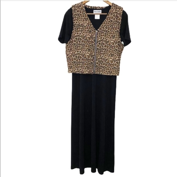 Vintage 90s Y2K Leopard Vest Black Midi Dress Set - Picture 1 of 8